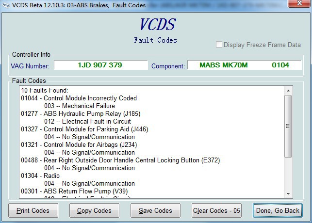vag com VCDS Beta 12.10.3 ABS ब्रेक फॉल्ट कोड्स